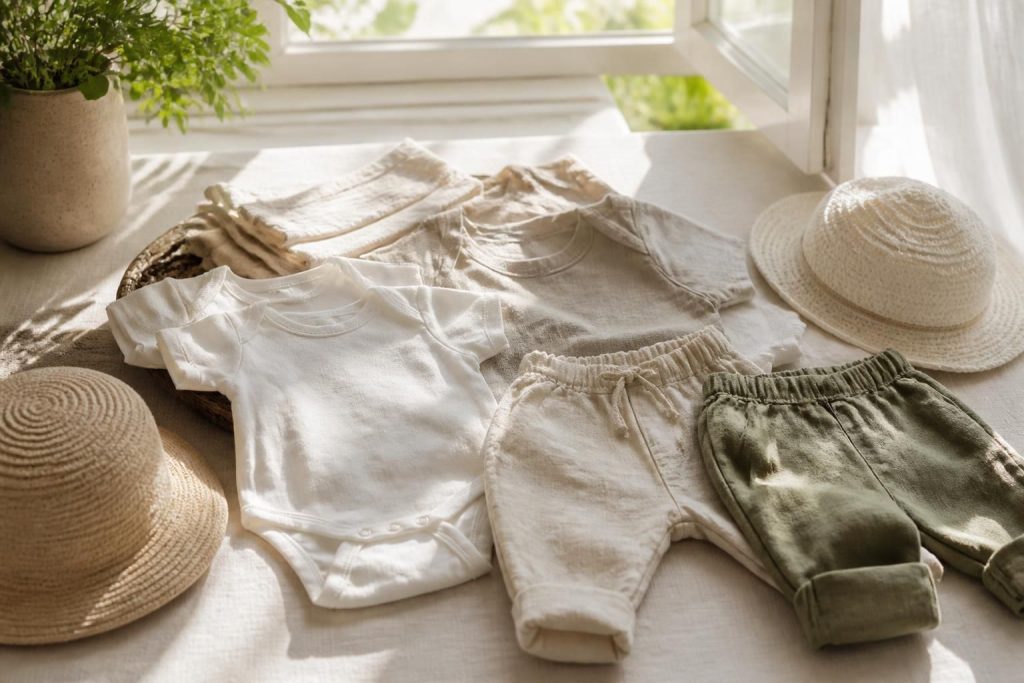 découvrez les matières idéales pour les vêtements bébé en été, alliant confort et légèreté pour garder votre tout-petit au frais pendant les journées chaudes.