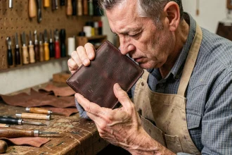 Artisan maroquinier inspectant attentivement la qualité du cuir pleine fleur d'un portefeuille personnalisé dans son atelier