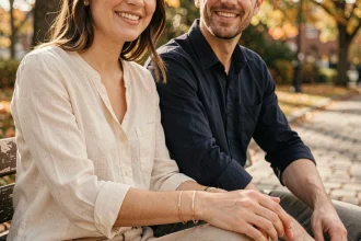 Couple portant des bracelets assortis en or, poignets rapprochés sur un banc en bois dans un parc urbain automnal