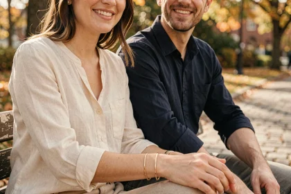 Couple portant des bracelets assortis en or, poignets rapprochés sur un banc en bois dans un parc urbain automnal