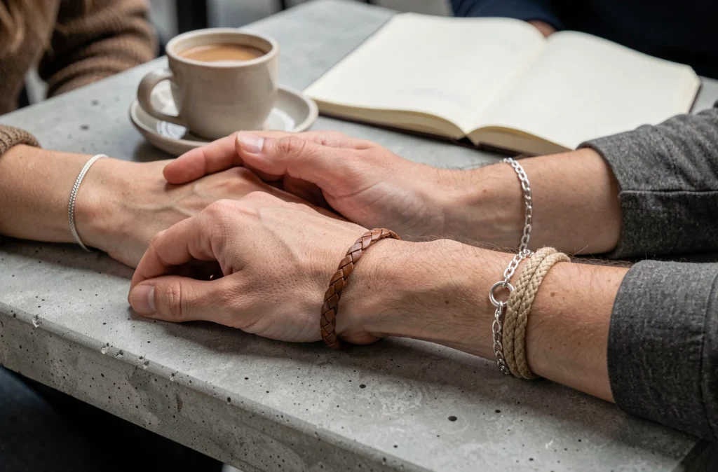 Gros plan sur des bracelets assortis homme femme posés sur une table en béton dans un café, style éditorial