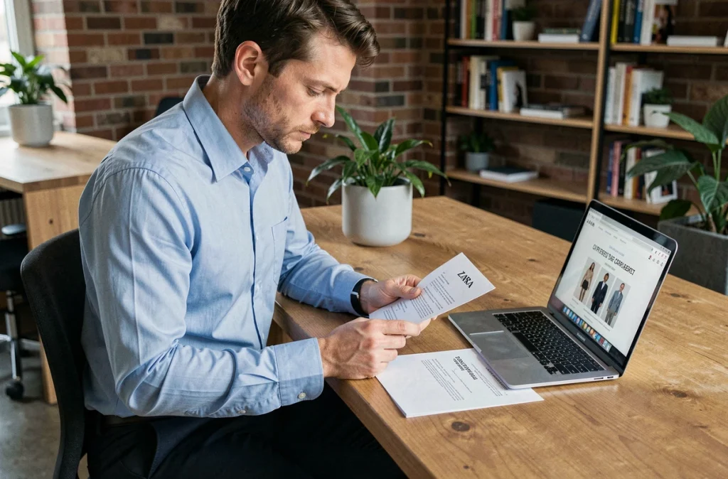 Homme consultant une offre d'emploi Zara sur ordinateur et documents imprimés dans un espace de coworking