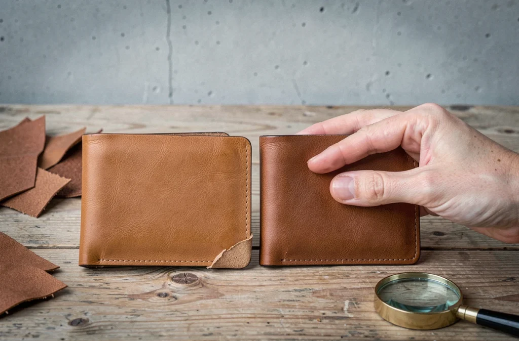 Comparaison côte à côte d'un portefeuille en cuir pleine fleur et d'un portefeuille en cuir reconstitué pour évaluer la qualité du matériau