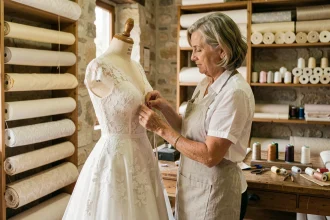 Couturière experte épinglant une robe de mariée sur un mannequin dans son atelier provençal à Salon de Provence
