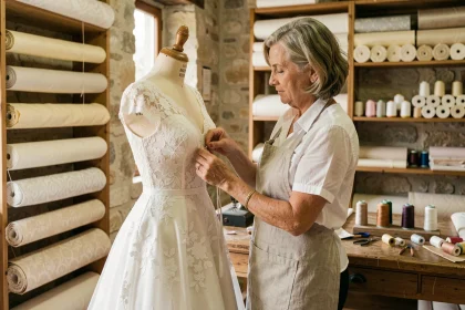 Couturière experte épinglant une robe de mariée sur un mannequin dans son atelier provençal à Salon de Provence