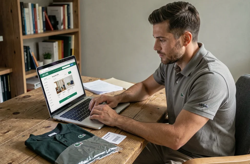 Homme initiant un échange en ligne pour une taille de polo Lacoste depuis son domicile