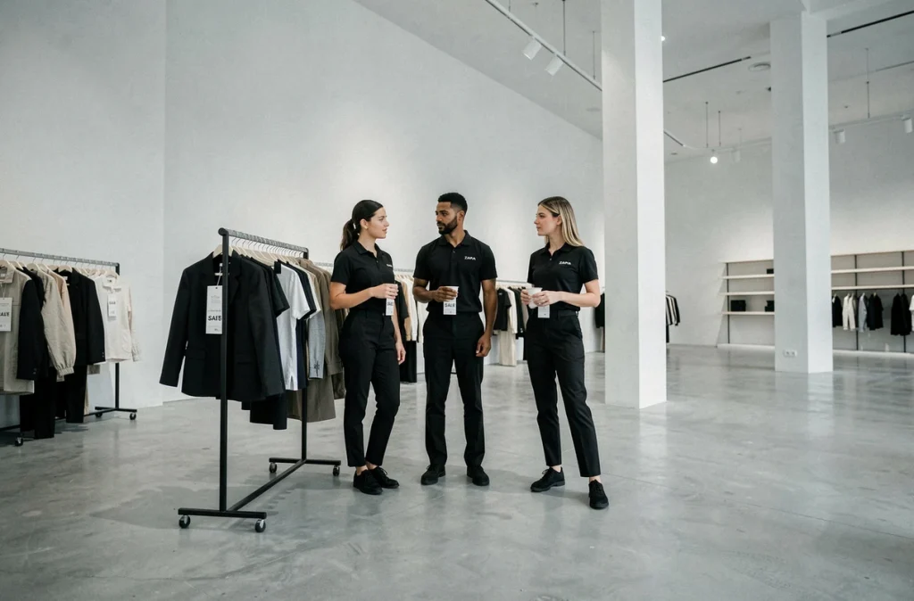 Employés Zara en uniforme noir dans un magasin presque vide lors d'une liquidation de stock avant fermeture