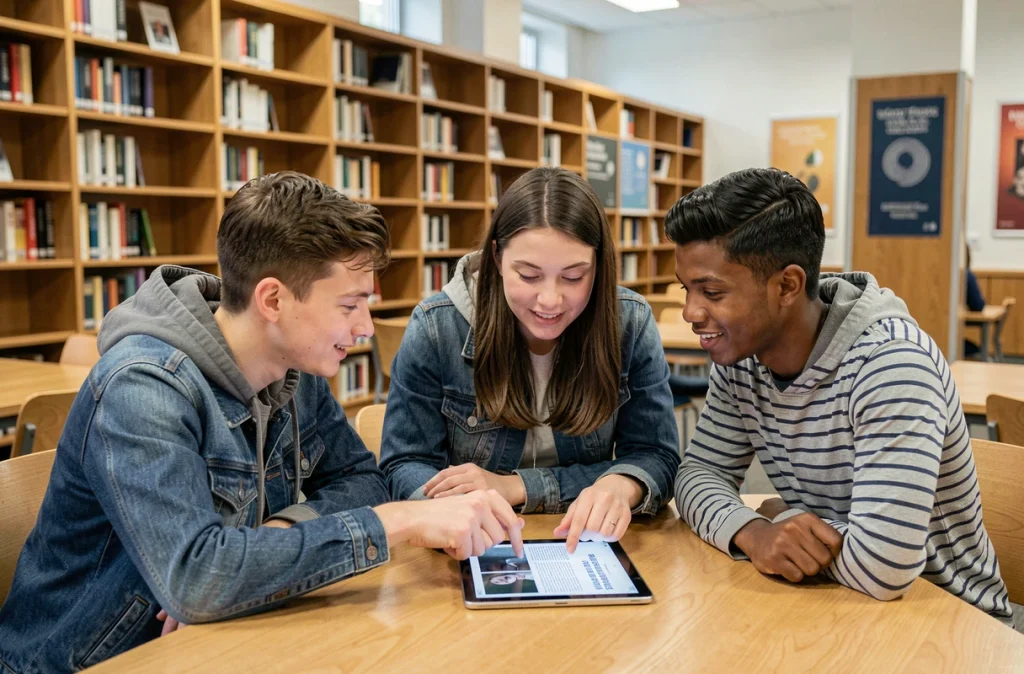 Groupe d'étudiants universitaires lisant ensemble un article culturel sur une tablette dans une bibliothèque moderne