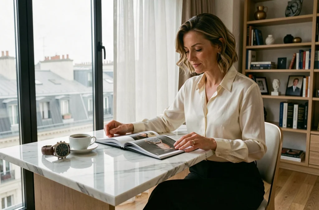 Femme élégante consultant un catalogue de montres de luxe dans un appartement parisien contemporain avec vue sur les toits haussmanniens