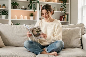 Femme confiante et détendue lisant un magazine sur un canapé cosy, illustration de l'estime de soi féminine au quotidien