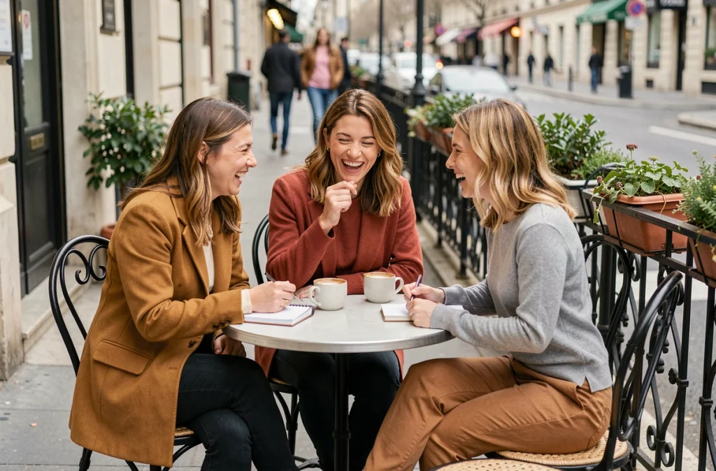 Trois femmes complices autour d'un café en terrasse parisienne, illustration de la solidarité féminine et du soutien communautaire autour d'un blog bien-être
