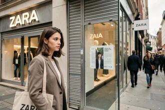 Jeune femme devant un magasin Zara fermé avec volets baissés et affiche de fermeture sur la vitrine