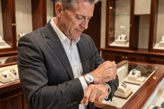 Homme en costume haut de gamme admirant une montre de luxe suisse dans une boutique horlogère de Genève