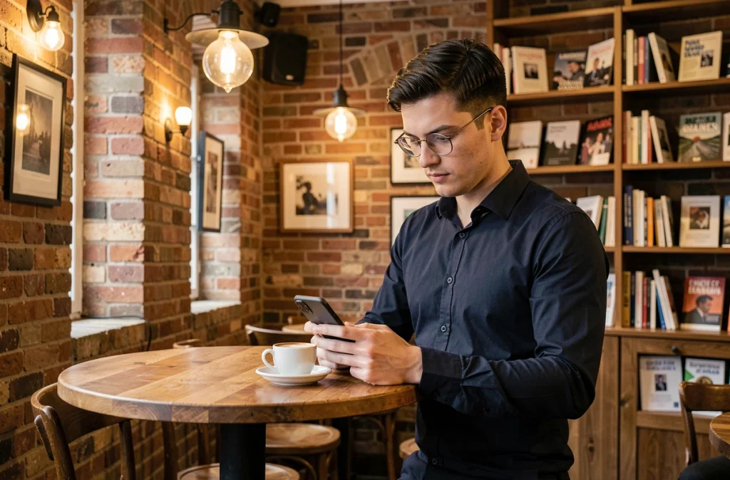 Jeune homme connecté à un blog culturel depuis son smartphone dans un café parisien avec livres et briques apparentes