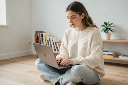 Jeune femme lisant des articles sur un blog littéraire depuis son appartement moderne et minimaliste