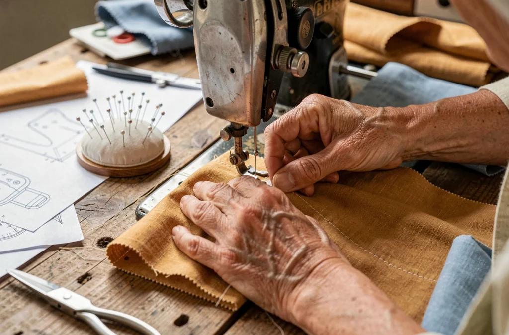 Mains expertes d'une couturière guidant du tissu provençal sous l'aiguille d'une machine à coudre artisanale