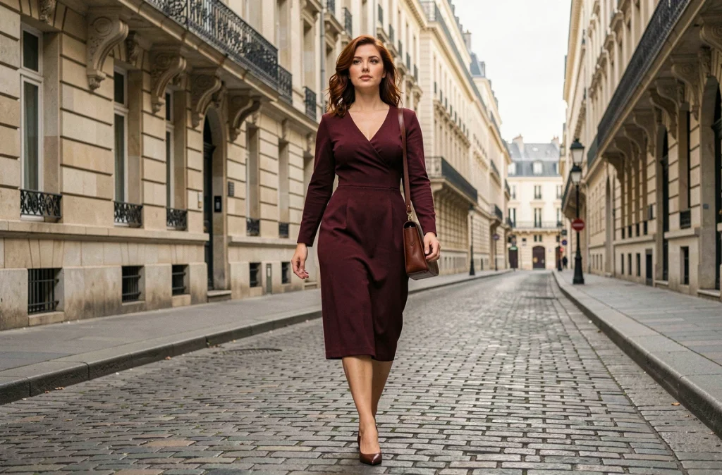 Mannequin atypique marchant avec assurance dans une rue pavée de Paris en robe bordeaux structurée