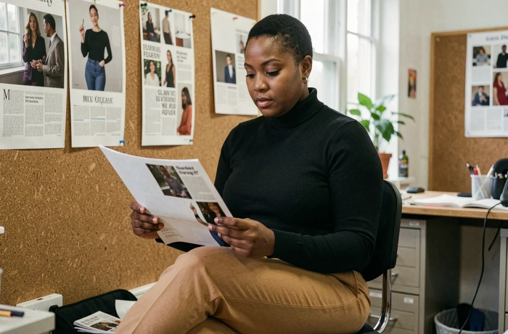 Femme mannequin à morphologie atypique consultant son book dans une agence de mannequinat