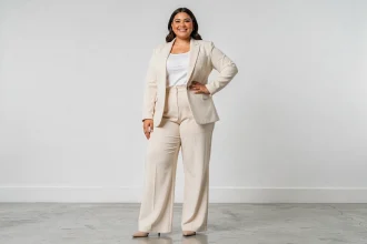 Femme mannequin grande taille en blazer crème posant avec confiance dans un studio photo minimaliste