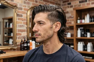 Homme aux cheveux en mulet moderne adapté à un visage ovale, dans un salon de coiffure contemporain