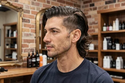 Homme aux cheveux en mulet moderne adapté à un visage ovale, dans un salon de coiffure contemporain