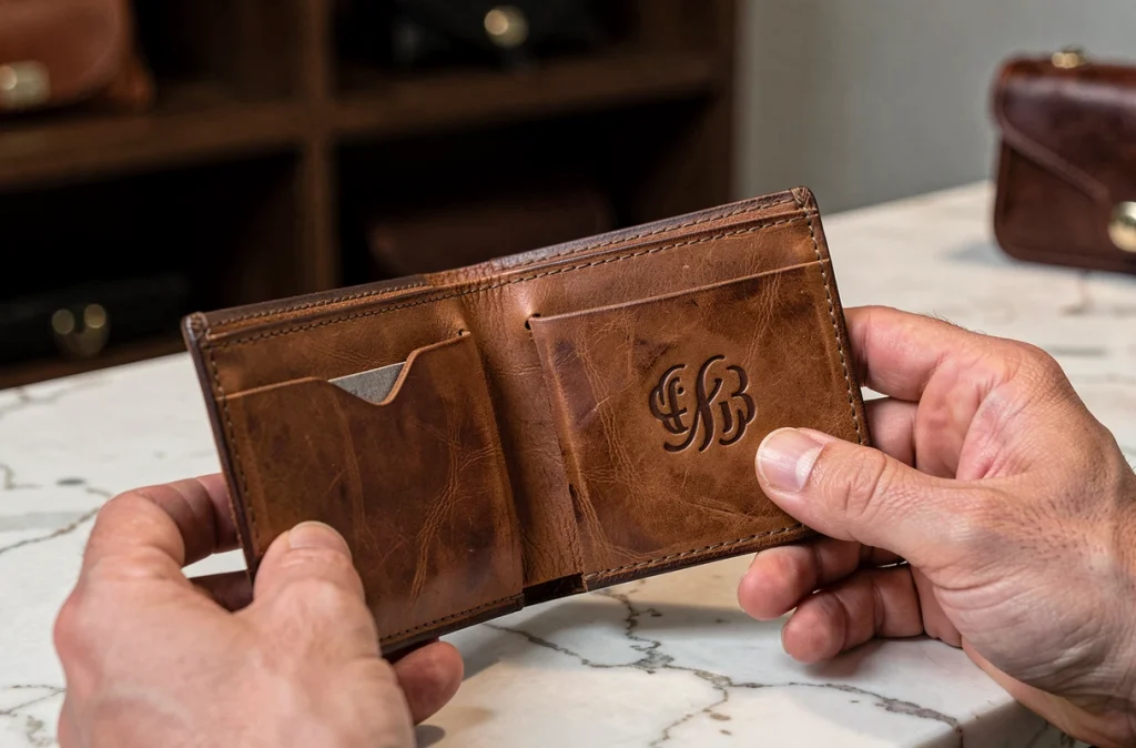 Portefeuille en cuir végétal personnalisé ouvert sur un comptoir en marbre, révélant les coutures main et le monogramme gravé
