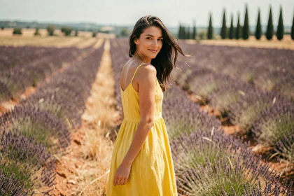 Femme en robe d'été jaune citron en lin dans un champ de lavande provençal, cheveux au vent, ambiance estivale authentique