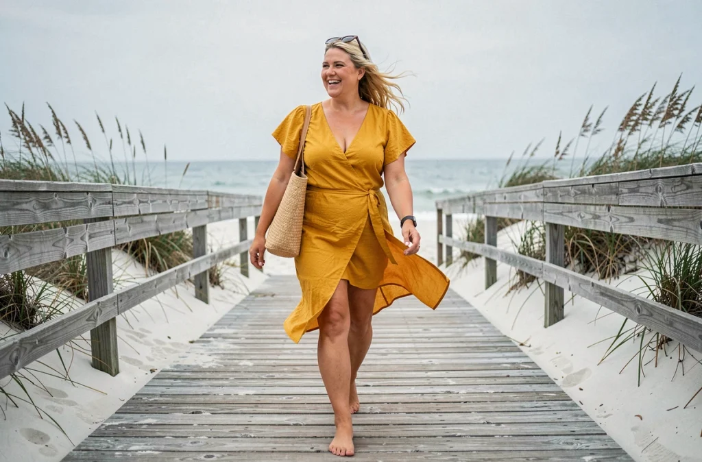 Femme en robe portefeuille jaune marigold marchant pieds nus sur une passerelle en bois face à l'océan Atlantique, ambiance côtière estivale