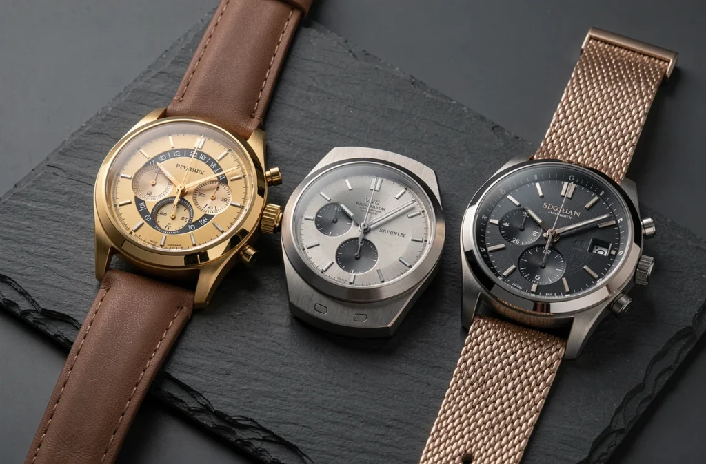 Trois montres de luxe exceptionnelles posées sur ardoise : calendrier perpétuel or, répétition minutes platine et chronographe sport acier