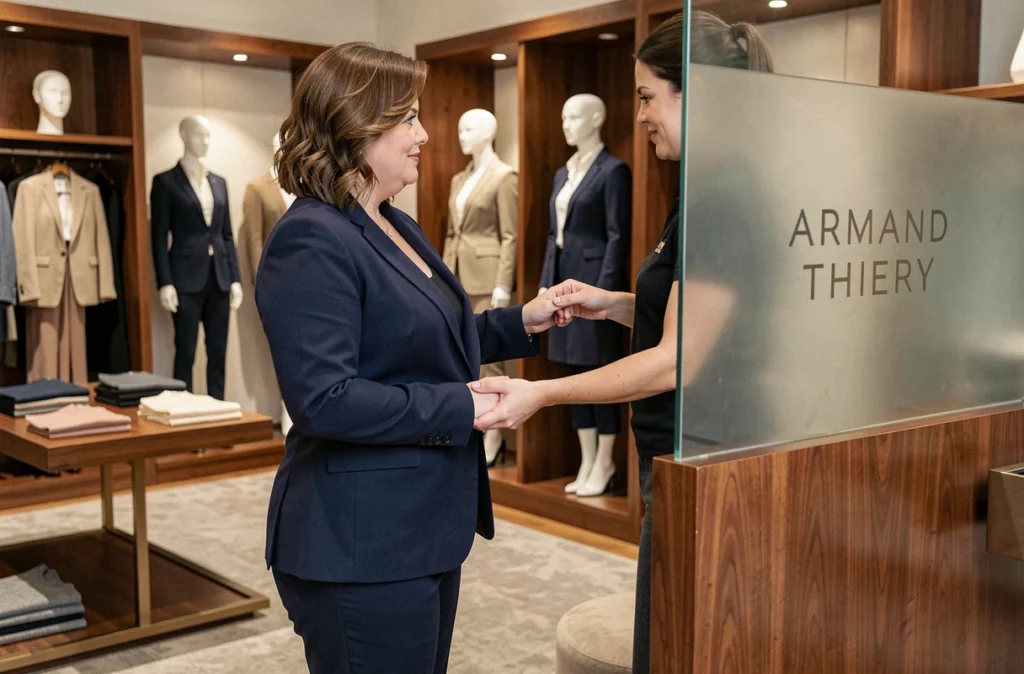 Une cliente grande taille conseillée par un vendeur dans la boutique Armand Thiery à Nantes