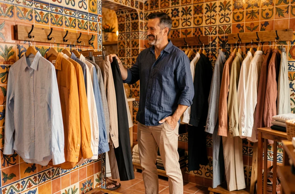 Boutique Armenak avec son ambiance méditerranéenne et ses créations masculines en lin et matières naturelles