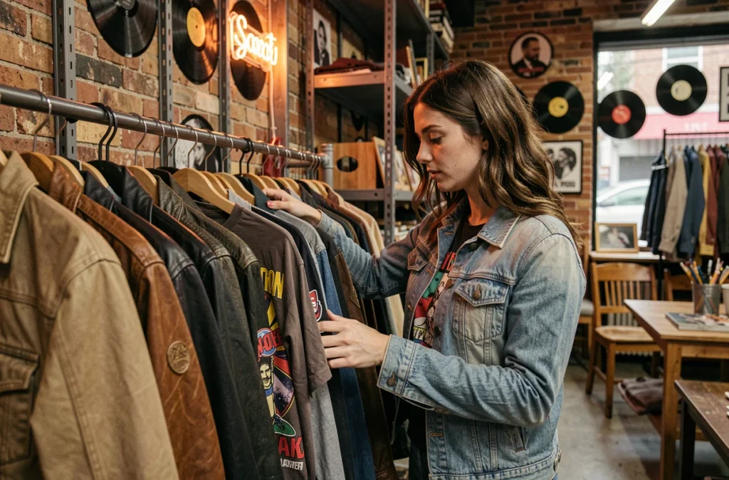 Jeune femme fouillant dans des vestes vintage et tee-shirts rétro dans la friperie Bad Ass Vintage Store à Avignon