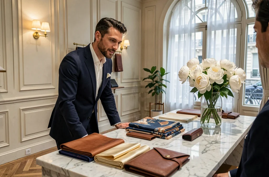 Intérieur luxueux d'une boutique parisienne avec maroquinerie et foulards en soie, ambiance haute couture Faubourg Saint-Honoré
