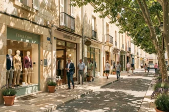 Rue commerçante de mode masculine dans les Bouches-du-Rhône avec vitrines élégantes et façades en pierre provençale