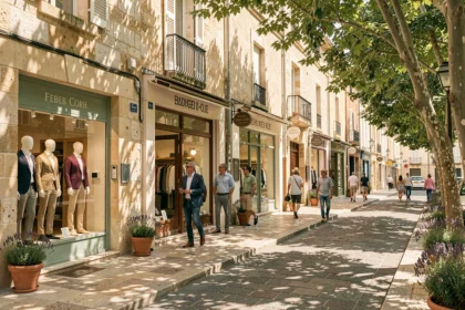 Rue commerçante de mode masculine dans les Bouches-du-Rhône avec vitrines élégantes et façades en pierre provençale