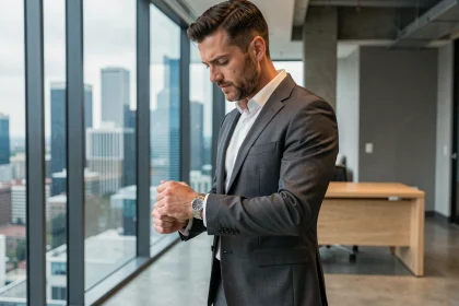 Homme en costume gris portant une Rolex en acier inoxydable dans un bureau moderne avec vue sur la ville