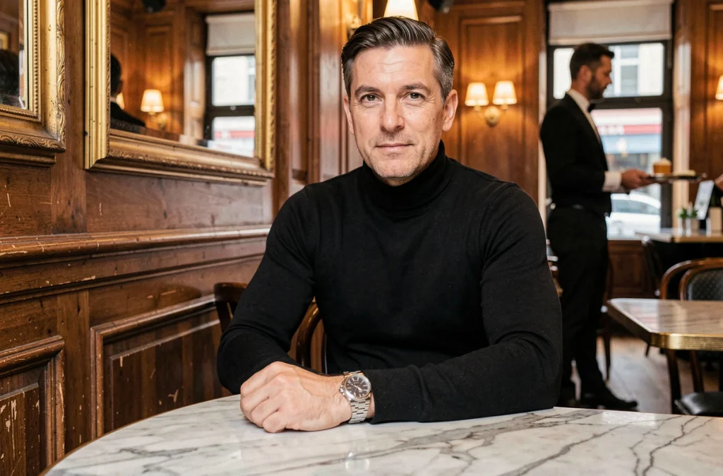Homme en col roulé noir portant une Rolex dans un café parisien élégant, montre posée sur une table en marbre