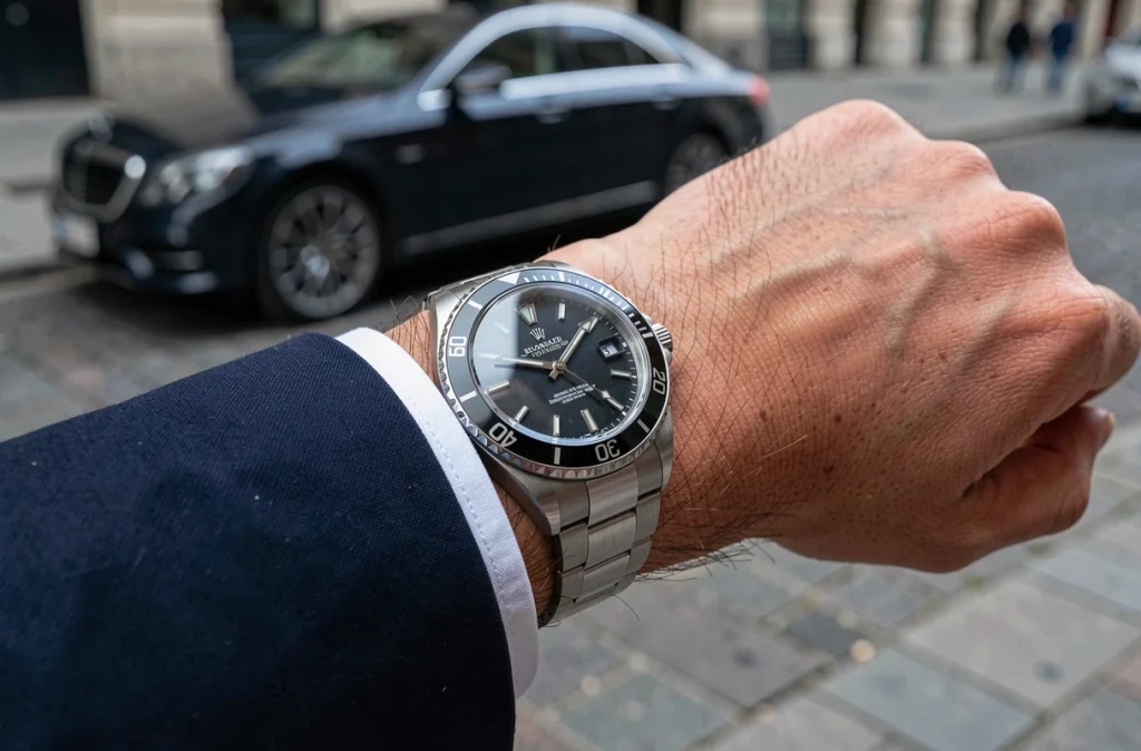 Gros plan d'une Rolex en acier sur un poignet masculin, avec veste marine et rue urbaine en arrière-plan flou