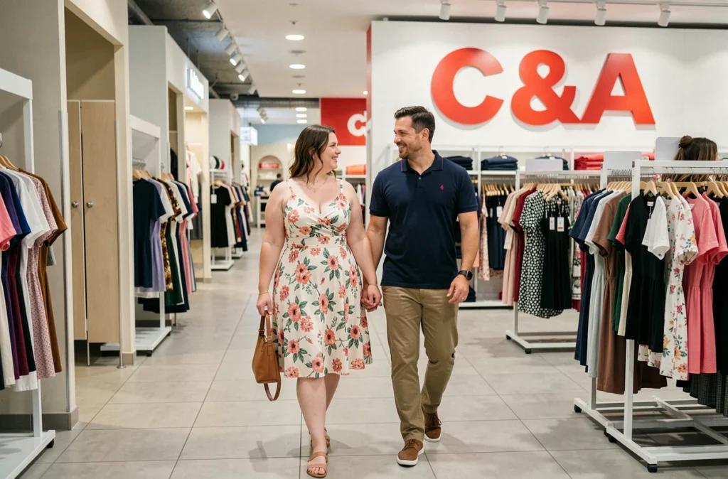 Un couple faisant du shopping au rayon grande taille du C&A dans le centre commercial Atlantis à Saint-Herblain