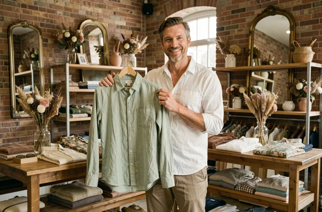 Boutique Complices de Flore avec ses articles de mode masculine aux tonalités botaniques et artisanales