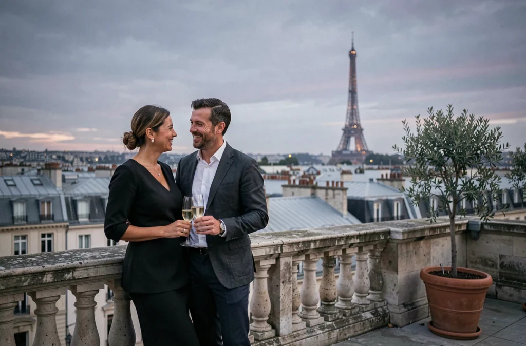 Couple élégant sur un rooftop parisien avec vue sur les toits et la Tour Eiffel, ambiance luxe et art de vivre à la française