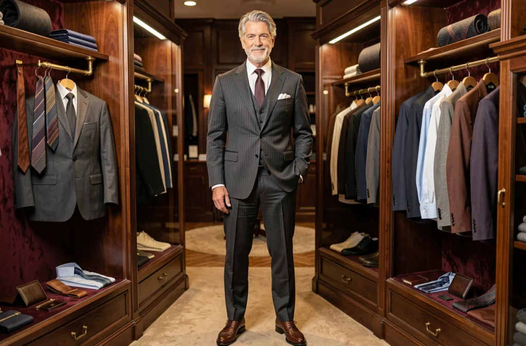 Boutique Elegance avec ses costumes masculins sur mesure et ses accessoires de luxe dans un écrin classique et prestigieux