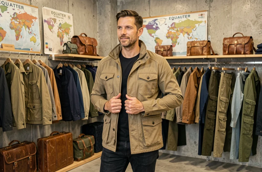Boutique Equateur avec sa décoration inspirée du voyage et ses vêtements masculins fonctionnels et stylés