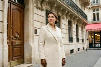 Femme élégante en manteau ivoire devant un immeuble haussmannien parisien, ambiance luxe et raffinement éditorial