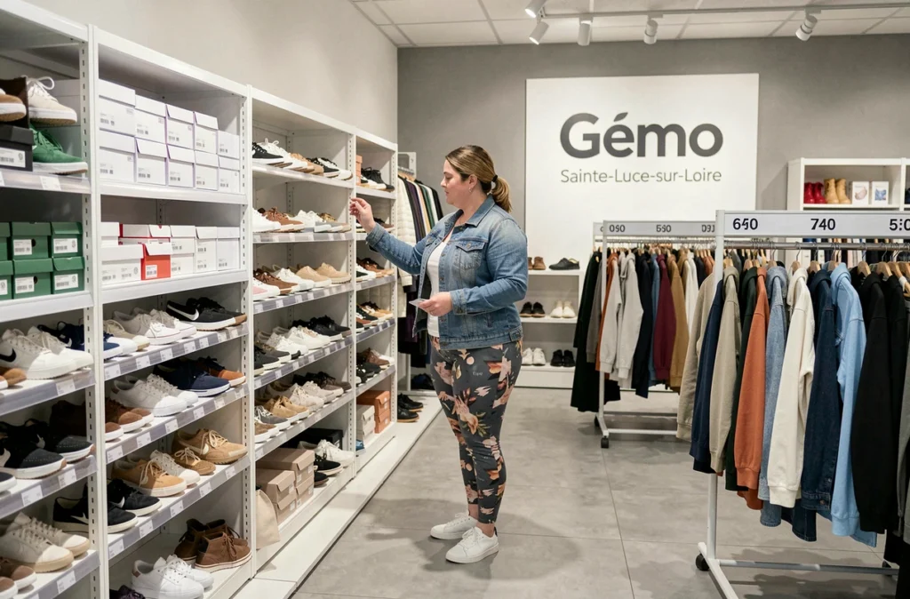 Une cliente grande taille explorant le rayon vêtements et chaussures du magasin Gémo à Sainte-Luce-sur-Loire