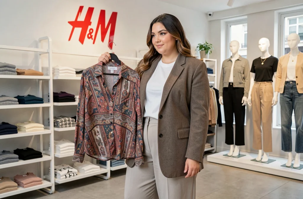 Une jeune femme grande taille choisissant un haut dans le magasin H&M à Nantes