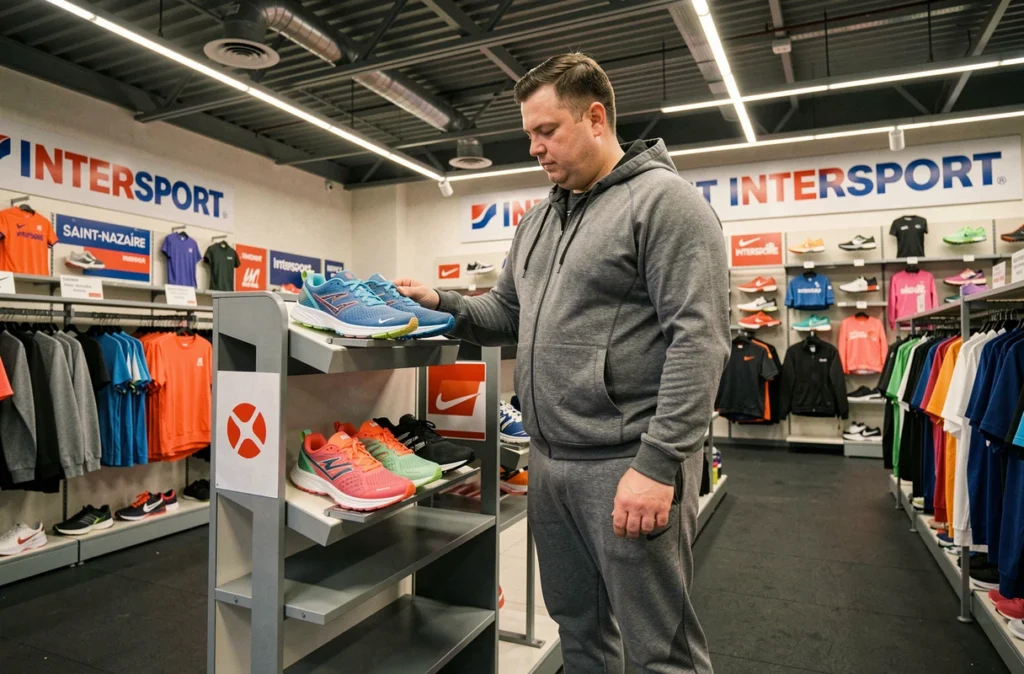Un client grande taille examinant des chaussures de sport au magasin Intersport à Saint-Nazaire