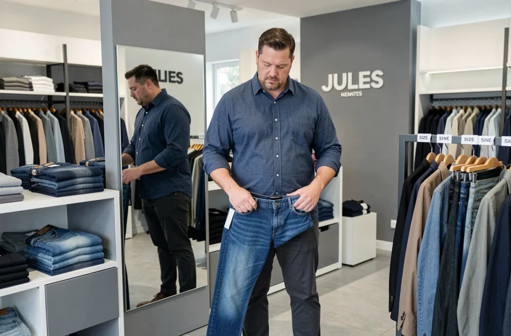 Un homme grande taille essayant un jean dans le magasin Jules à Nantes
