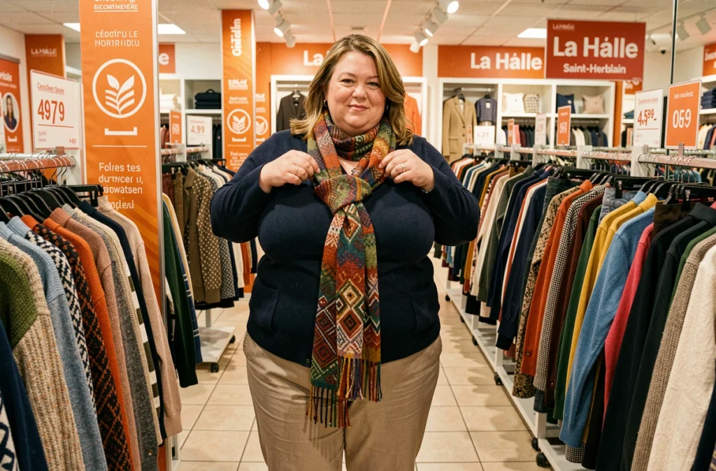 Une femme d'âge mûr essayant un accessoire au magasin La Halle à Saint-Herblain