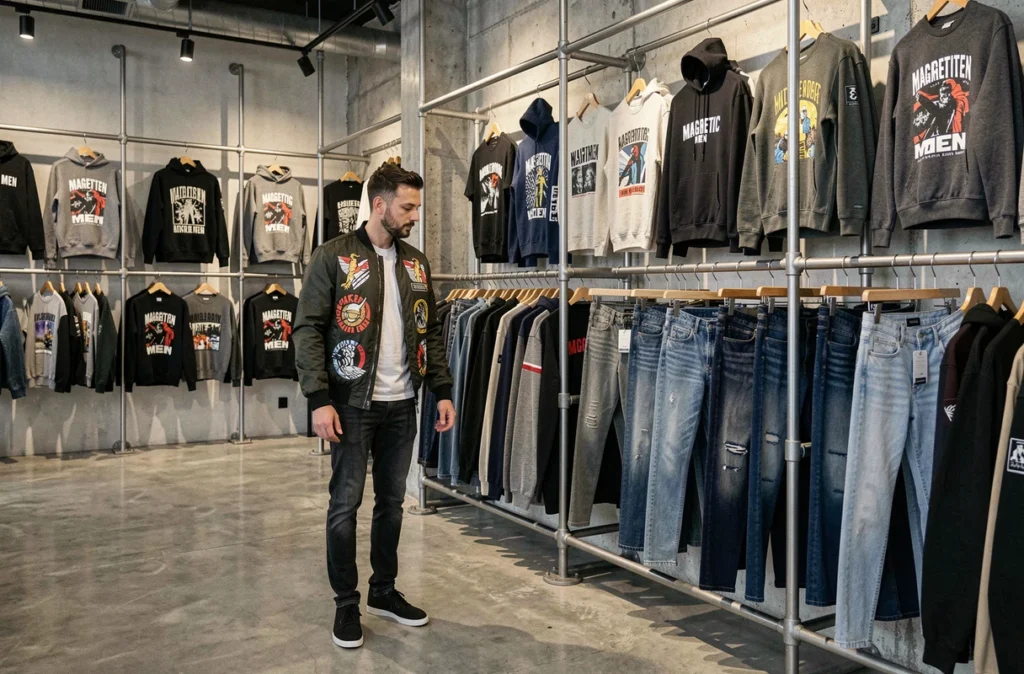 Intérieur de la boutique Magnetic Men avec son style streetwear urbain et ses vêtements masculins graphiques